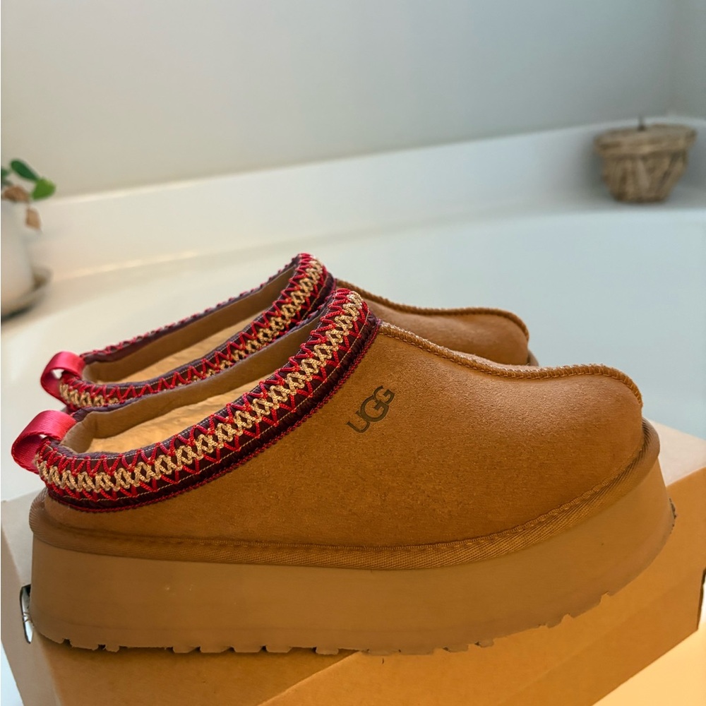 UGG Women's Chestnut Platform Mules with Red and Gold Trim